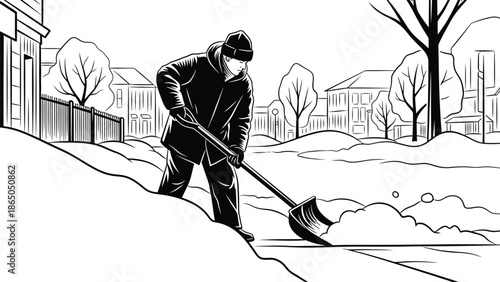 Determined worker wearing a warm winter coat and beanie diligently shoveling a significant accumulation of heavy snow from a residential sidewalk during a dark cold evening in the neighborhood