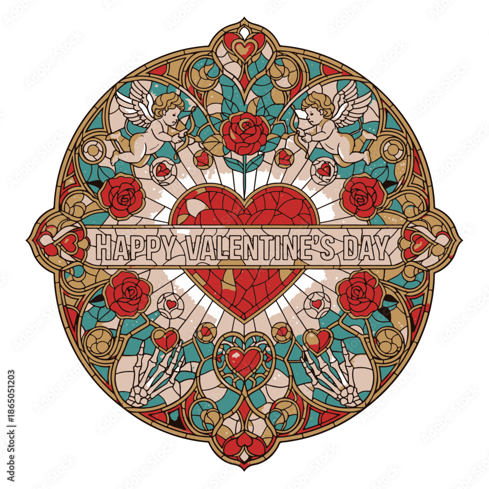 Fototapeta premium Ornate Stained Glass artwork celebrating Valentine's Day, depicting cherubs, roses, and hearts in a vintage, intricate design.