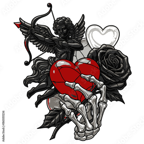 Expressive Stained Glass style illustration capturing a skeletal hand holding a broken heart, with Cupid and a dark rose.