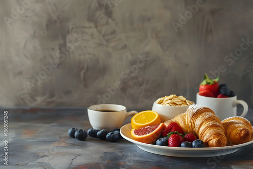 Healthy Breakfast with Croissants, Fresh Fruit and Coffee on Table