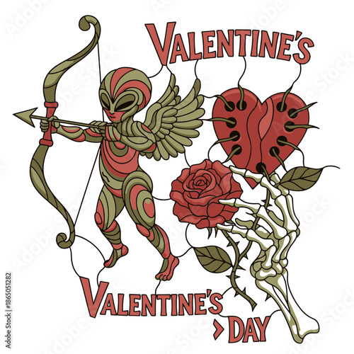 Intricate Stained Glass Style Illustration of an Alien Cupid and Skeleton Hand with Rose for Valentine's Day