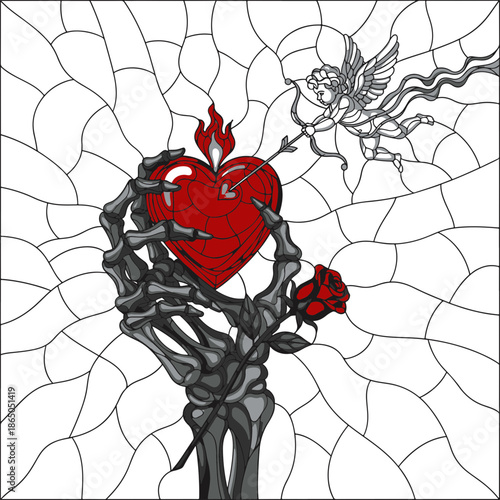Stained Glass art: skeletal hand grips flaming heart, pierced by arrow, with rose, symbolizing enduring love and passion.