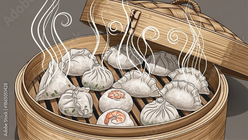 Steaming hot dumplings in bamboo steamer
