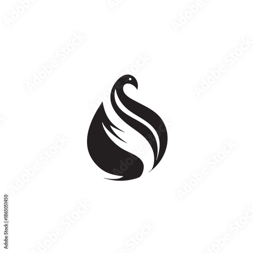 Stylized black and white design features an abstract representation of a bird within a teardrop shape