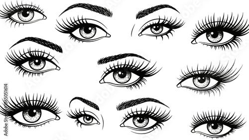 Collection of detailed eye illustrations with long eyelashes and defined eyebrows