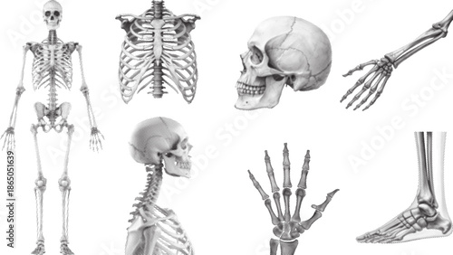 Human skeleton anatomy illustration set with skull, spine, ribs, hands, and feet. Detailed black and white medical drawings show bone structure and anatomy study. Ideal for education, healthcare, 