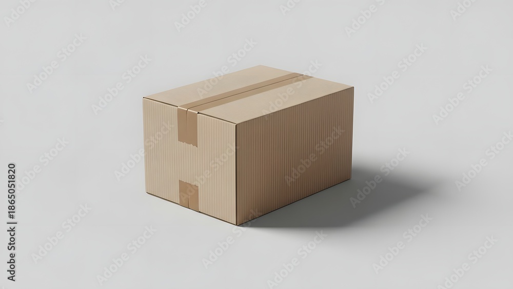 Fototapeta premium A high-quality image of a simple cardboard box on a plain grey background. The box is made of brown cardboard and has a subtle shadow cast to the right. The image is perfect for use in commercial and 