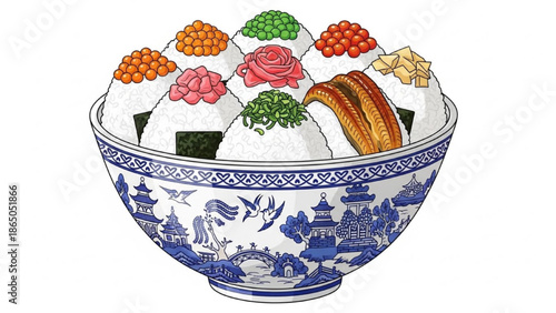 Assorted rice balls onigiri in ceramic bowl