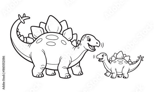 Black and white vector illustration of a stegosaurus standing in side view while playing with a baby stegosaurus, designed as a kids coloring page.