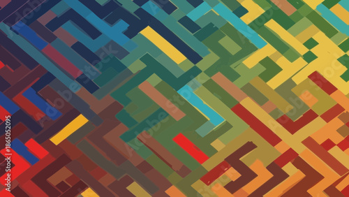 Abstract Geometric Maze Pattern with Vibrant Colors and Interlocking Shapes