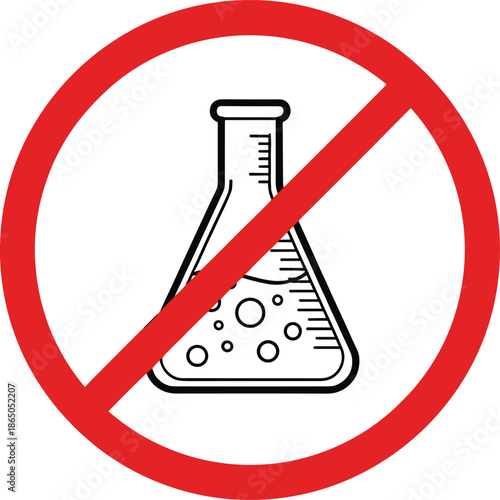 No chemistry experiment prohibition sign with laboratory flask icon, science safety warning symbol flat vector illustration