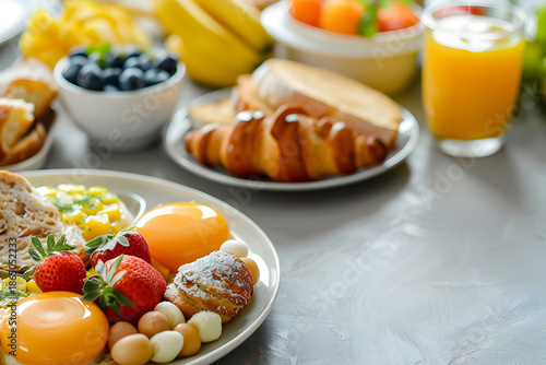 Balanced Breakfast with Eggs, Pastries, Fruit and Orange Juice on Table