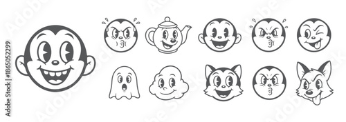 Retro Cartoon Comic Head Sticker Pack, Vintage Mascot Character Expressions.