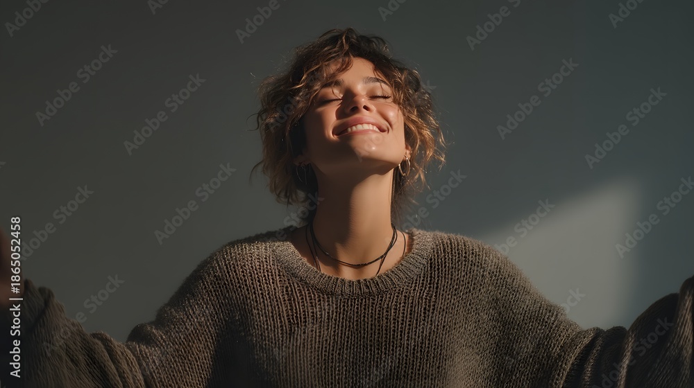 Fototapeta premium Woman with curly hair is smiling and wearing a necklace
