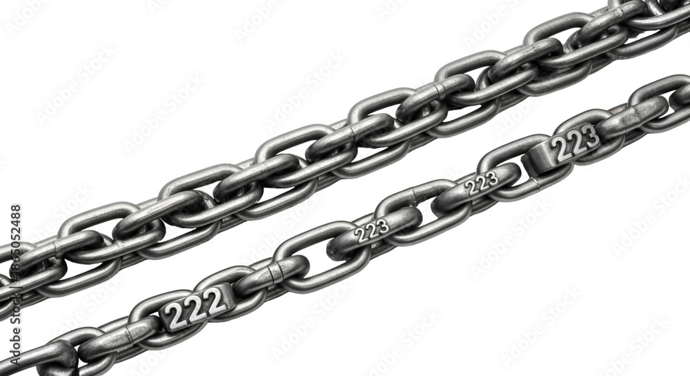 Fototapeta premium Two Metal Chains with Numbered Links on Black Background