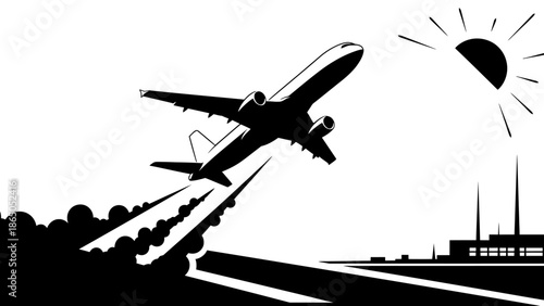 Airplane Taking Off Above City Skyline with Rising Sun