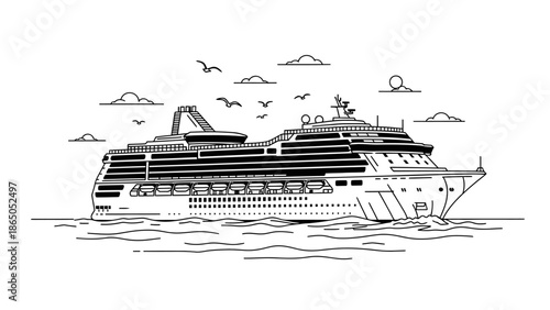 Minimalist Line Art Cruise Ship Sailing on the Ocean