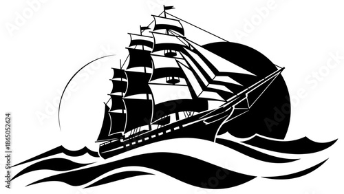 Vintage Sailing Ship with Full Sails on Ocean Waves at Sunset or Sunrise, Vector Illustration