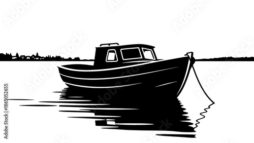 Small Fishing Boat Moored Peacefully on Calm Water