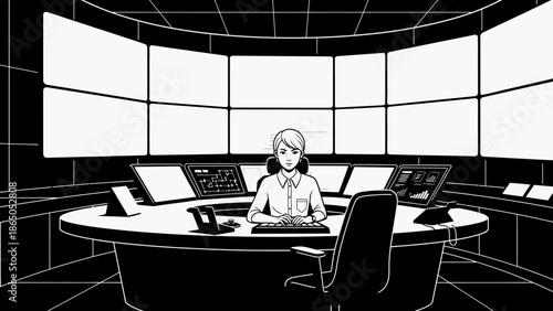 Female operator working in a dark control room with multiple monitor screens, focused and professional
