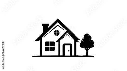 Simple House Home Icon with Tree for Real Estate on Isolated White Background