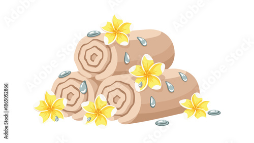 Stack of rolled spa towels adorned with plumeria flowers and water droplets, creating a serene and inviting ambiance for relaxation and wellness.