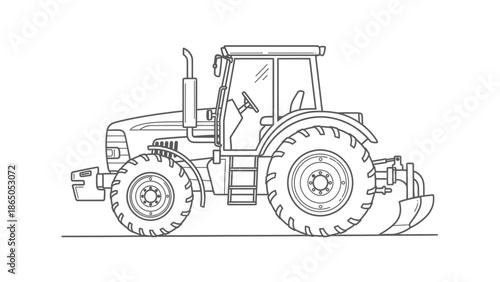Outline Drawing of Agricultural Farm Tractor, Side View, isolated white background.