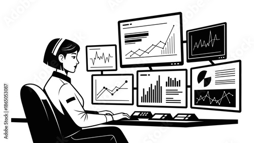 Focused Woman Analyzing Financial Data on Multiple Computer Monitors, isolated white background.