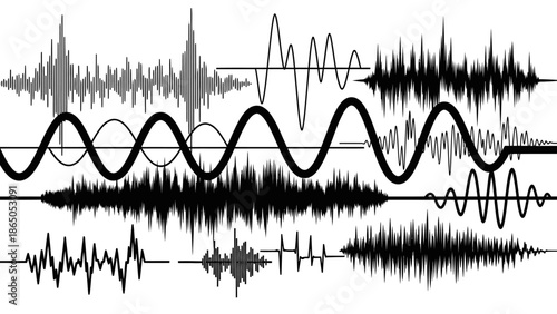 Abstract Black and White Sound Waves or Data Signals Graph, isolated white background.