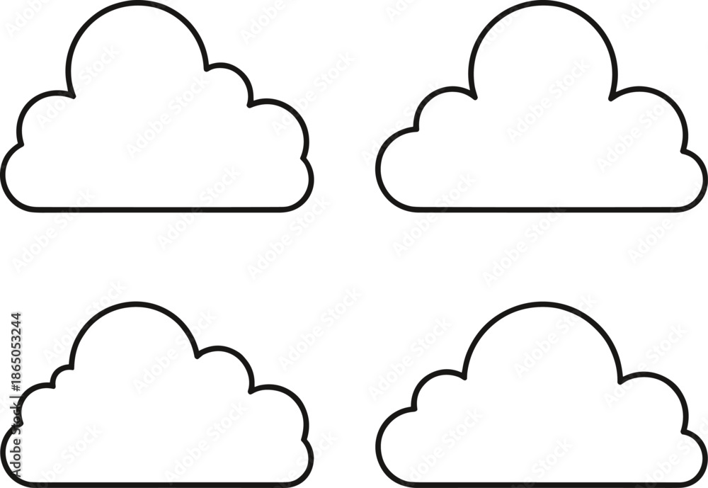 Fototapeta premium Simple cloud outline icon set with four shapes, minimal weather and storage concept flat vector illustration