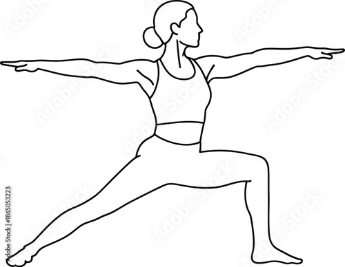 Line art illustration depicting a woman practicing the powerful warrior two yoga pose known as virabhadrasana ii with arms outstretched maintaining excellent balance and strong alignment for wellness.