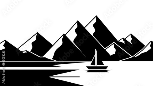 Scenic Mountain Landscape with Sailboat on Calm Lake or River, Nature and Adventure Illustration