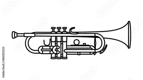 Classic Brass Trumpet Musical Instrument, Detailed Outline Vector on Isolated White Background