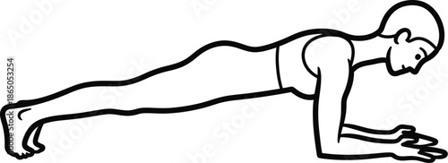 Simple line art illustration depicting a woman performing a proper forearm plank exercise pose for core strength and stability training against a stark white background illustrating fitness routines.