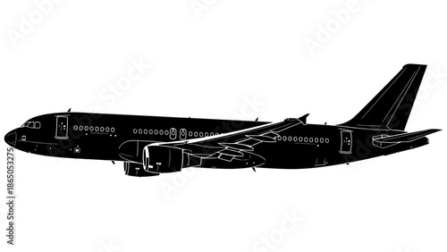 Side View Silhouette of a Commercial Passenger Airplane, Jet Aircraft Isolated White Background