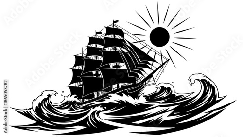 Classic Sailing Ship on Stormy Ocean Waves with Bright Sun, Vector Illustration