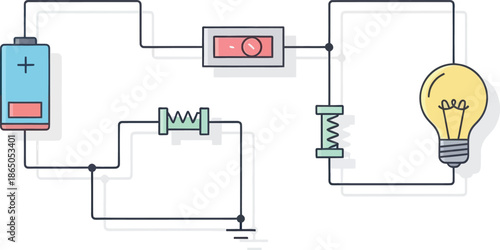 illustration of a simple electrical circuit with a battery light bulb and connectable components