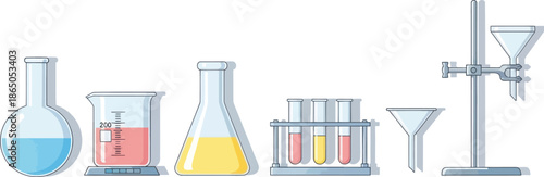 illustration of various laboratory glassware and scientific equipment for chemistry experiments