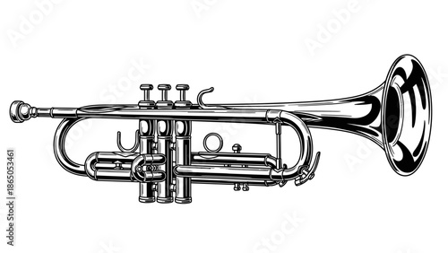 Detailed classical brass trumpet musical instrument, wind instrument, isolated white background.