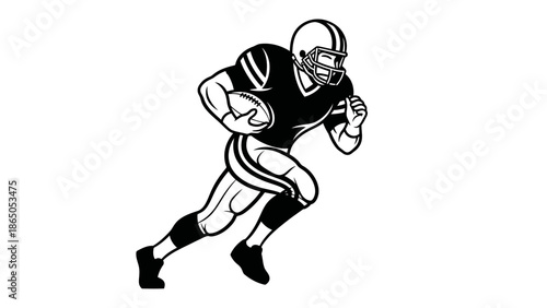 Dynamic American football player running with ball in action, athlete in uniform, isolated white background.