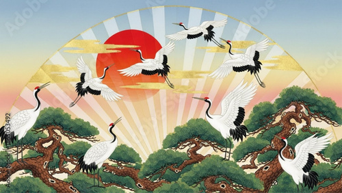 Japanese cranes flying towards the rising sun