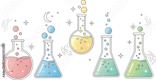 Cute and colorful hand-drawn chemistry test tubes with bubbling liquids and magical sparkles