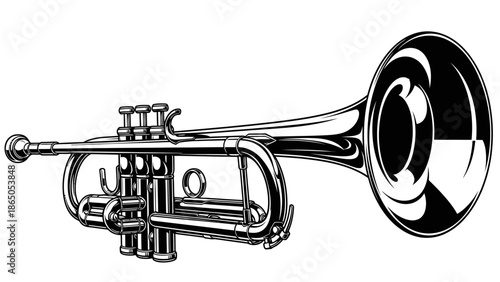 Detailed brass trumpet musical instrument, isolated white background