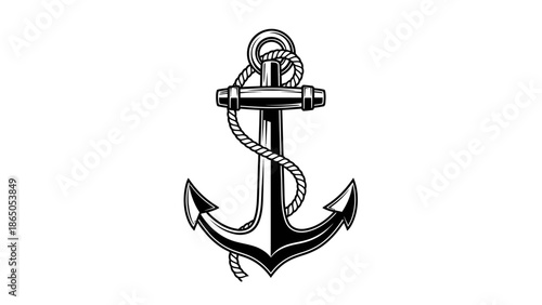 Classic ship anchor with rope, nautical symbol, isolated white background