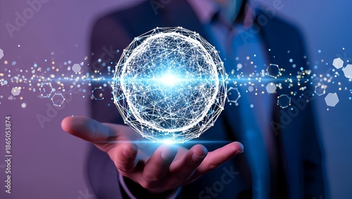 Futuristic Digital Technology Concept with Glowing Holographic Network Globe Over Businessman Hand