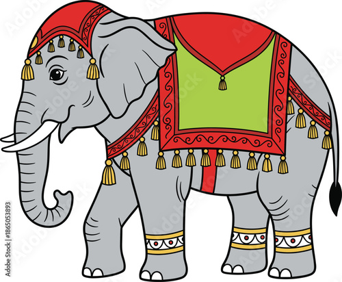 Decorated Indian elephant illustration with traditional ornaments and colorful saddle cloth, cultural festival themed vector design
