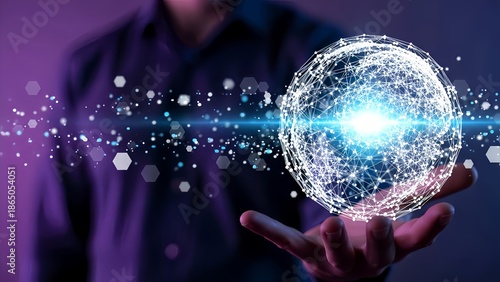 Futuristic Digital Technology Concept with Glowing Holographic Network Globe Over Businessman Hand