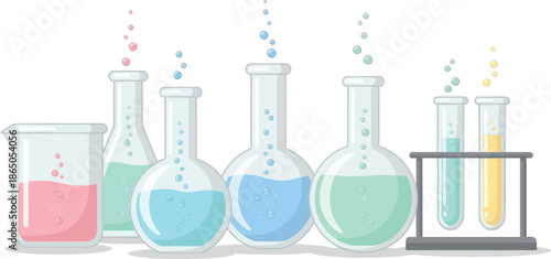 Colorful laboratory glassware set with liquid chemicals and bubbling reactions for scientific