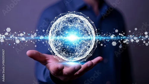 Futuristic Digital Technology Concept with Glowing Holographic Network Globe Over Businessman Hand