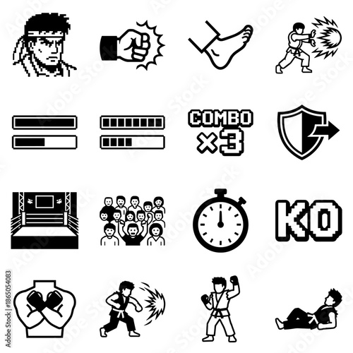 Fighting Game Icon Set With Boxer, Crowd, Boxing Ring, Progress Bars, Clock, Arcade Style
